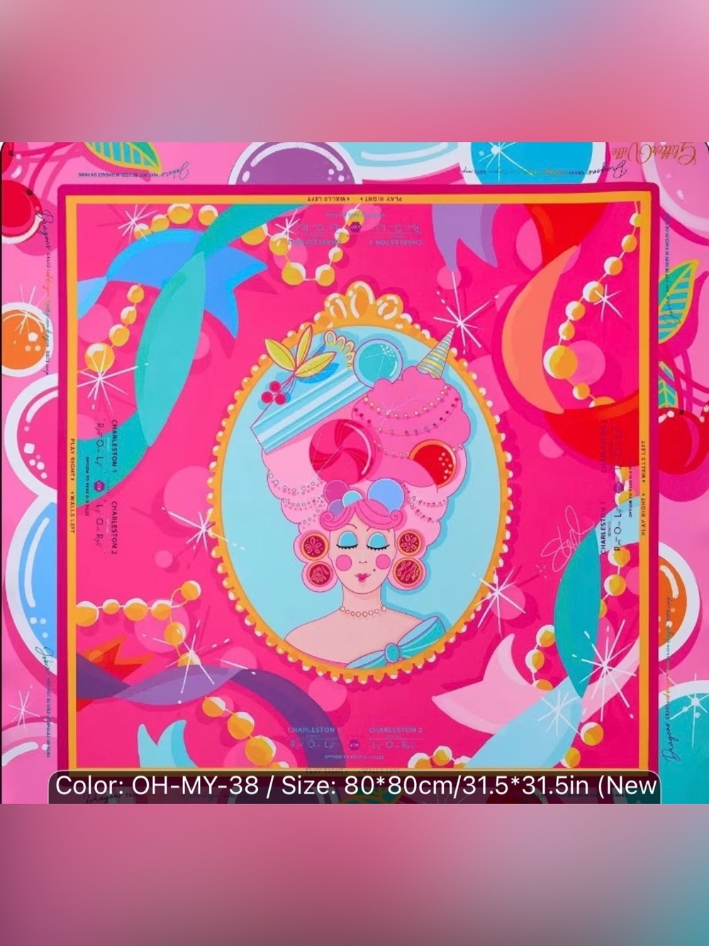Mahjong Mat-Bright Pink Illustrated Portrait with Turquoise Accents NWOT